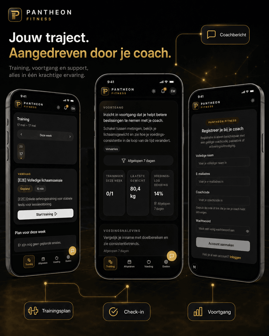 Pantheon Fitness client app met training, voortgang en coachcode registratie
