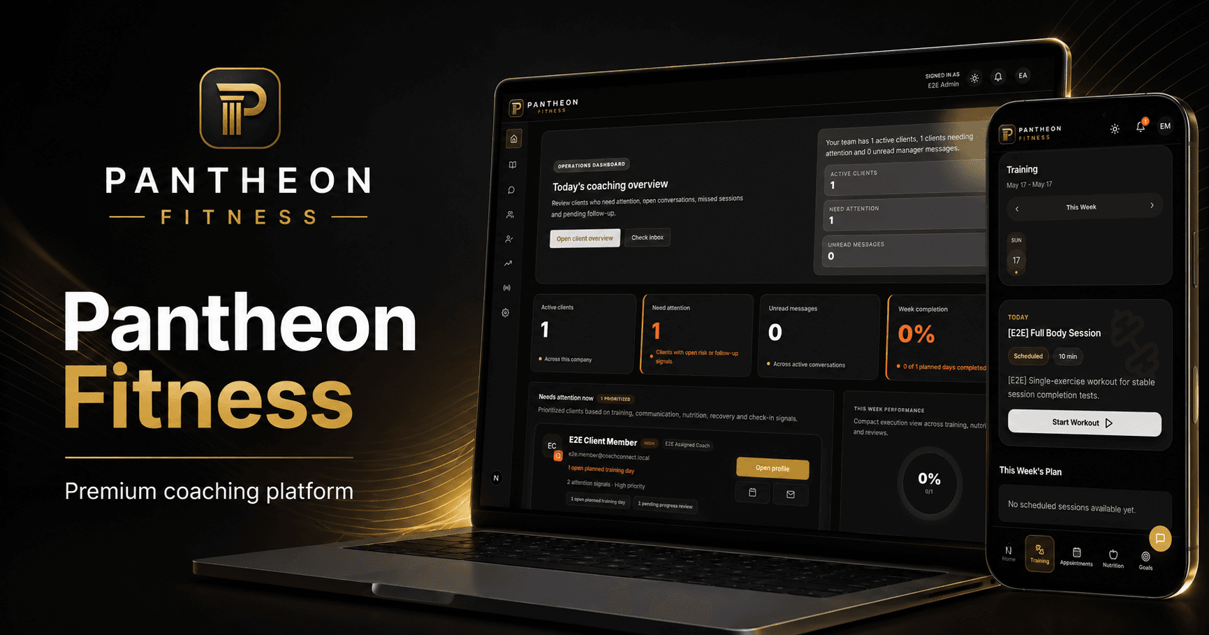 Pantheon Fitness marketing hero with manager dashboard and client app